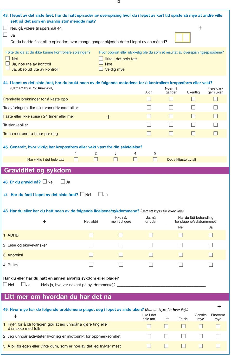 , noe ute av kontroll, absolutt ute av kontroll Hvor opprørt eller ulykkelig ble du som et resultat av overspisningsepisodene? Ikke i det hele tatt Noe Veldig mye 44.