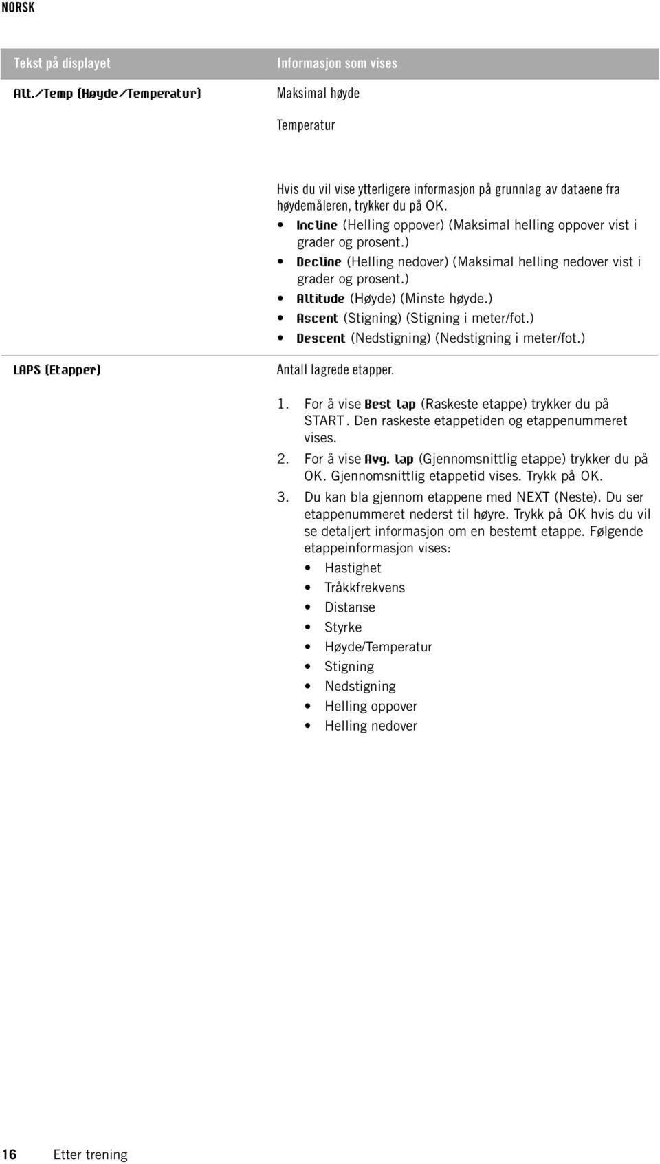 ) Ascent (Stigning) (Stigning i meter/fot.) Descent (Nedstigning) (Nedstigning i meter/fot.) LAPS (Etapper) Antall lagrede etapper. 1. For å vise Best lap (Raskeste etappe) trykker du på START.