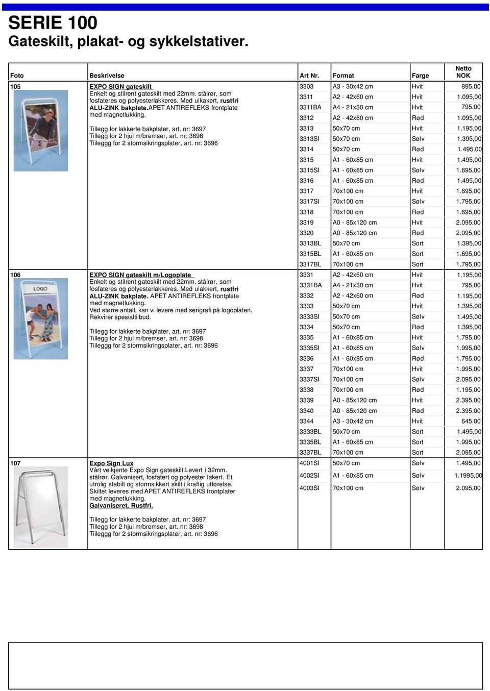 nr: 3696 106 EXPO SIGN gateskilt m/logoplate Enkelt og stilrent gateskilt med 22mm. stålrør, som fosfateres og polyesterlakkeres. Med ulakkert, rustfri ALU-ZINK bakplate.