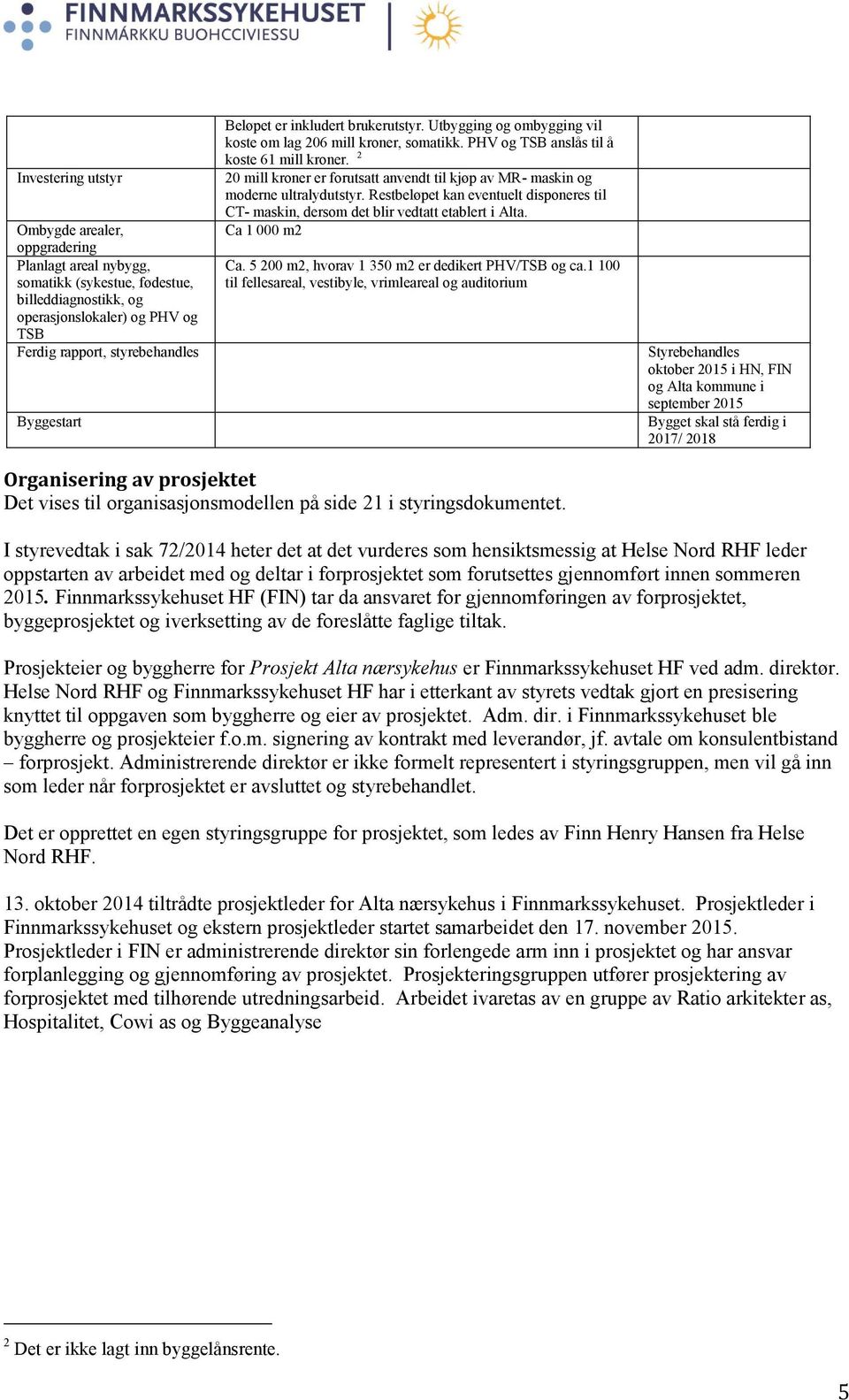 2 20 mill kroner er forutsatt anvendt til kjøp av MR- maskin og moderne ultralydutstyr. Restbeløpet kan eventuelt disponeres til CT- maskin, dersom det blir vedtatt etablert i Alta. Ca 1 000 m2 Ca.