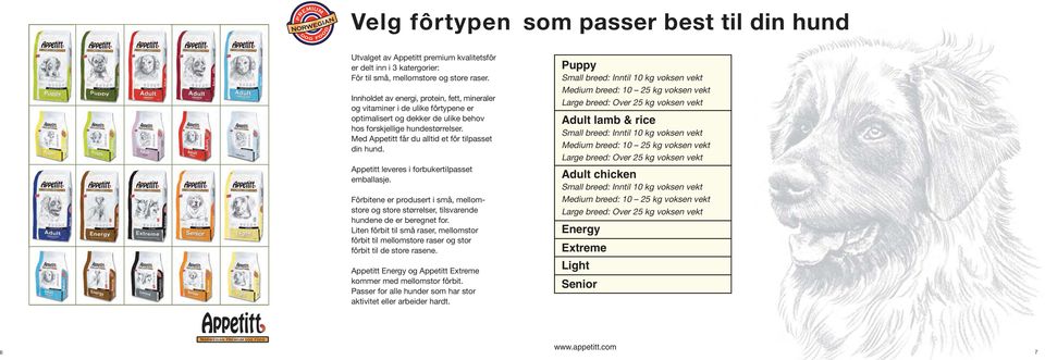 Med Appetitt får du alltid et fôr tilpasset din hund. Appetitt leveres i forbukertilpasset emballasje.