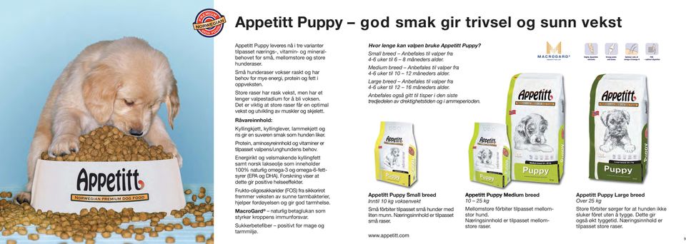 Det er viktig at store raser får en optimal vekst og utvikling av muskler og skjelett. Hvor lenge kan valpen bruke Appetitt Puppy? Small breed Anbefales til valper fra 4-6 uker til 6 8 måneders alder.