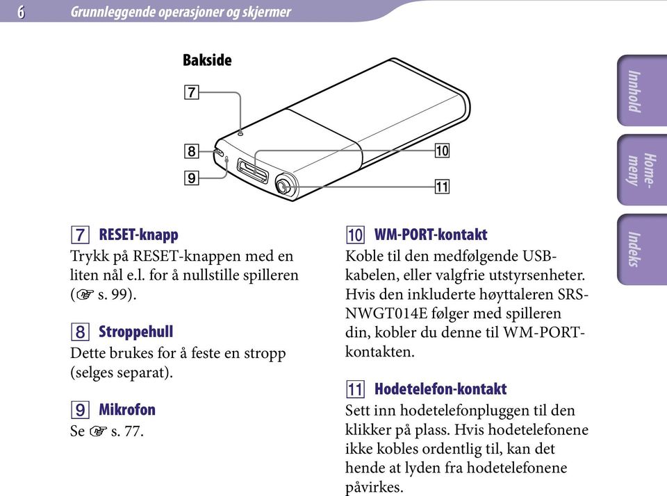 WM-PORT-kontakt Koble til den medfølgende USBkabelen, eller valgfrie utstyrsenheter.