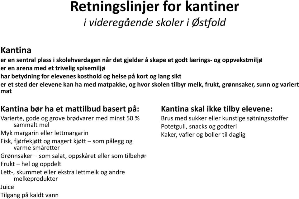 ha et mattilbud basert på: Varierte, gode og grove brødvarer med minst 50 % sammalt mel Myk margarin eller lettmargarin Fisk, fjørfekjøtt og magert kjøtt som pålegg og varme småretter Grønnsaker som