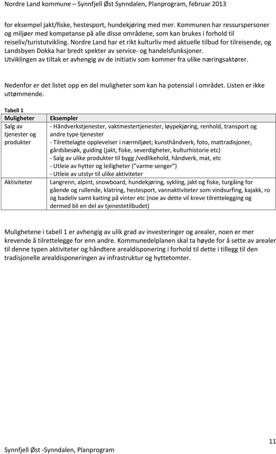 Utviklingen av tiltak er avhengig av de initiativ som kommer fra ulike næringsaktører. Nedenfor er det listet opp en del muligheter som kan ha potensial i området. Listen er ikke uttømmende.