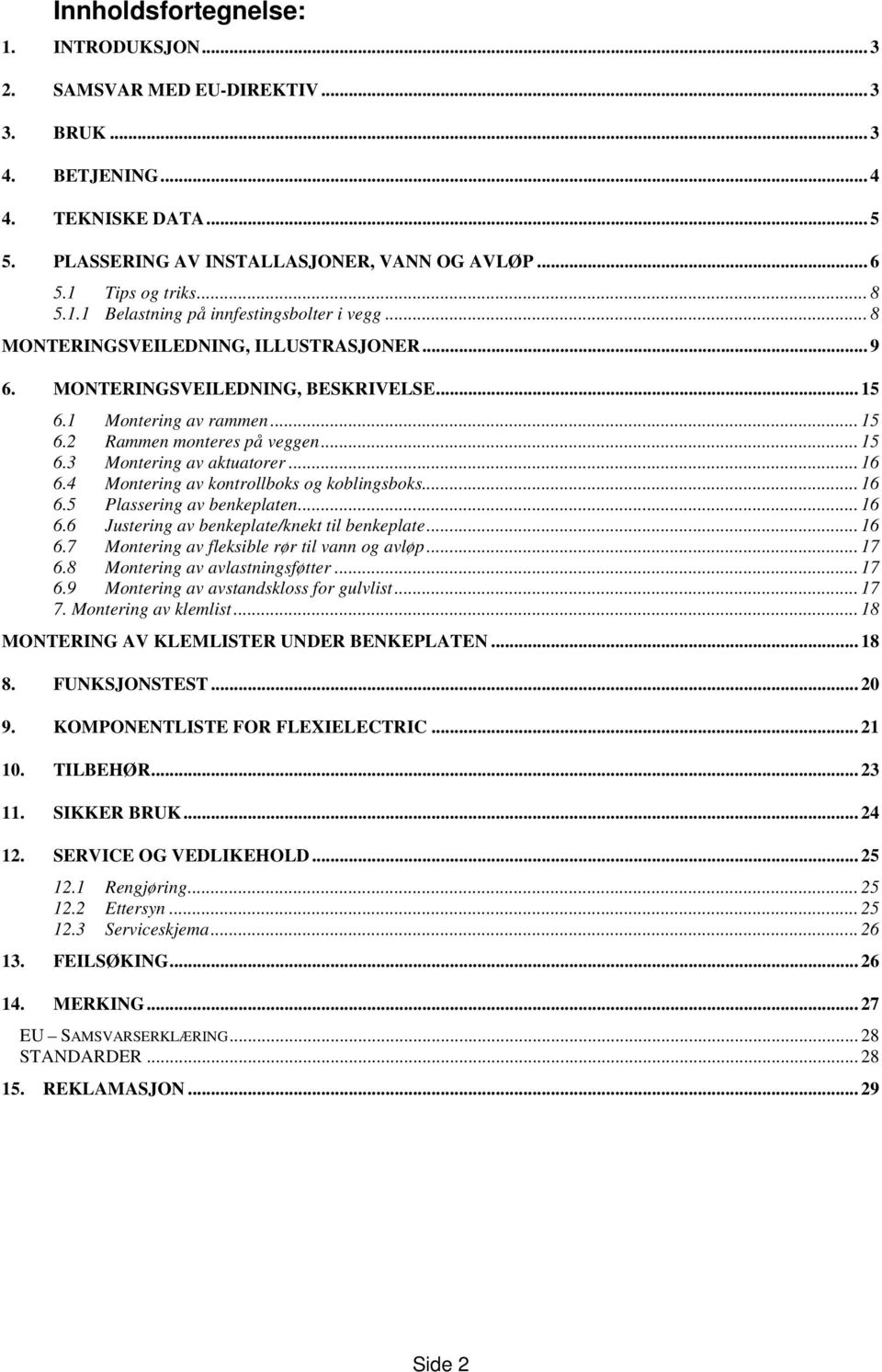 .. 15 6.3 Montering av aktuatorer... 16 6.4 Montering av kontrollboks og koblingsboks... 16 6.5 Plassering av benkeplaten... 16 6.6 Justering av benkeplate/knekt til benkeplate... 16 6.7 Montering av fleksible rør til vann og avløp.