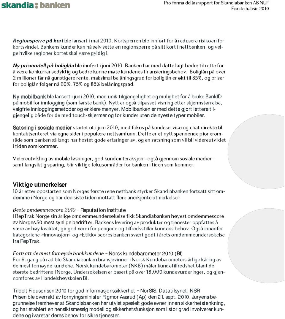 Norsk kundebarometer 2010 (BI) Tildelt Fidusprisen 2010 for god informasjonssikkerhet NorSIS, Datatilsynet, NSR Prisen ble overrakt av fornyingsminister Rigmor Aasrud (Ap) den 21. sept.