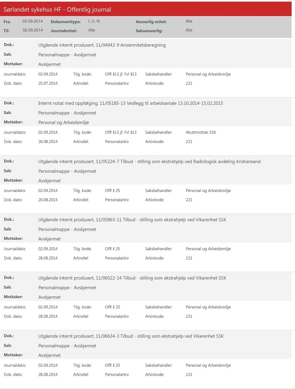 2014 Arkivdel: Personalarkiv Arkivkode: 221 tgående internt produsert, 11/05224-7 Tilbud - stilling som ekstrahjelp ved Radiologisk avdeling Kristiansand Dok. dato: 20.08.