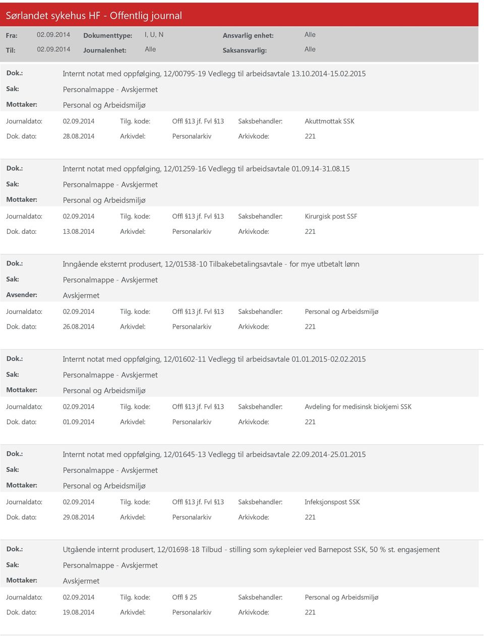 15 Kirurgisk post SSF Dok. dato: 13.08.2014 Arkivdel: Personalarkiv Arkivkode: 221 Inngående eksternt produsert, 12/01538-10 Tilbakebetalingsavtale - for mye utbetalt lønn Dok. dato: 26.08.2014 Arkivdel: Personalarkiv Arkivkode: 221 Internt notat med oppfølging, 12/01602-11 Vedlegg til arbeidsavtale 01.