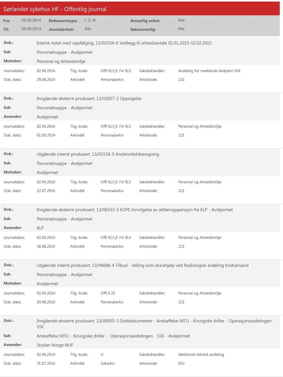 2014 Arkivdel: Personalarkiv Arkivkode: 221 tgående internt produsert, 13/03136-5 Ansiennitetsberegning Dok. dato: 22.07.