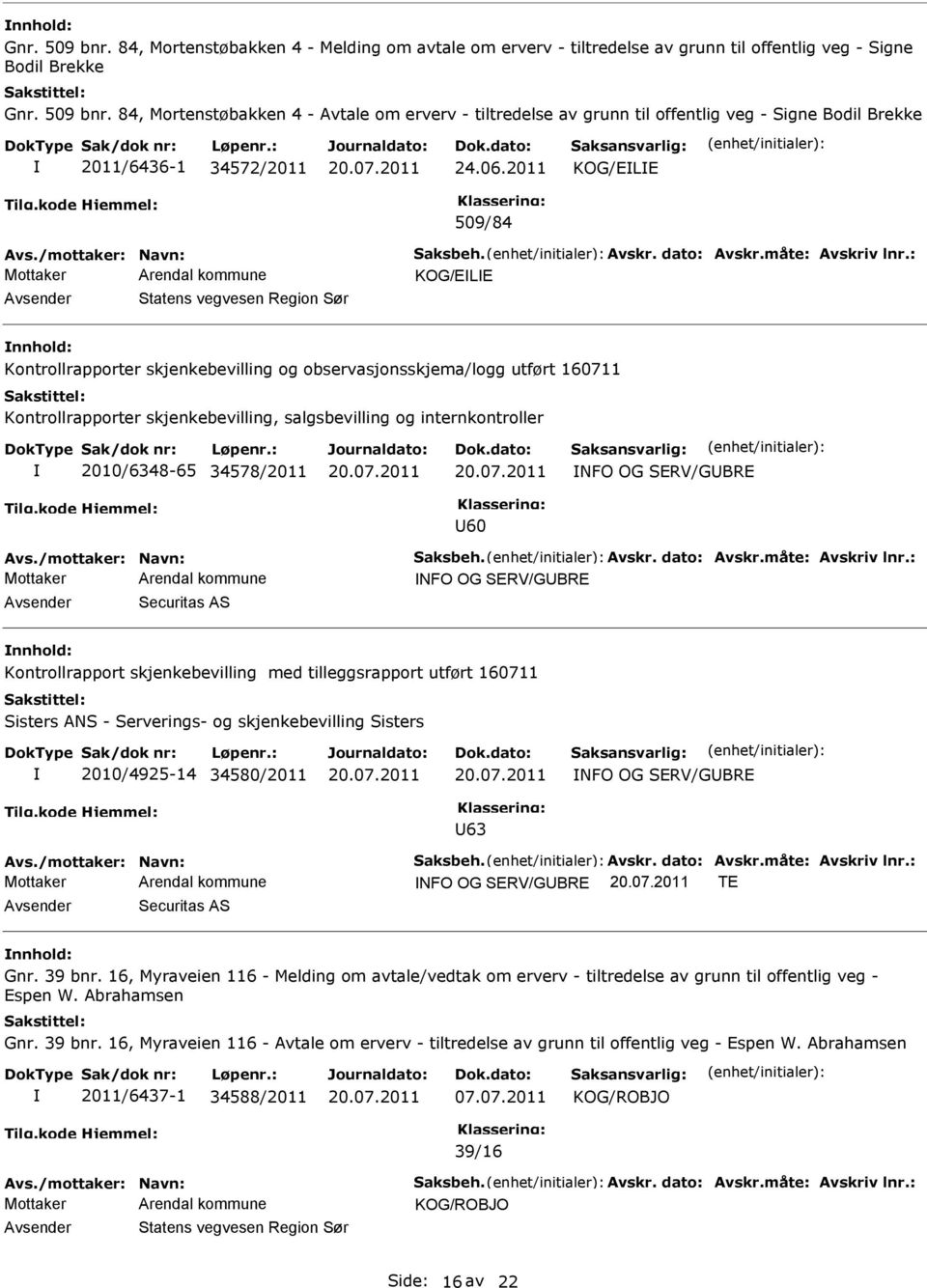 internkontroller 2010/6348-65 34578/2011 NFO OG SERV/GBRE 60 NFO OG SERV/GBRE Securitas AS nnhold: Kontrollrapport skjenkebevilling med tilleggsrapport utført 160711 Sisters ANS - Serverings- og