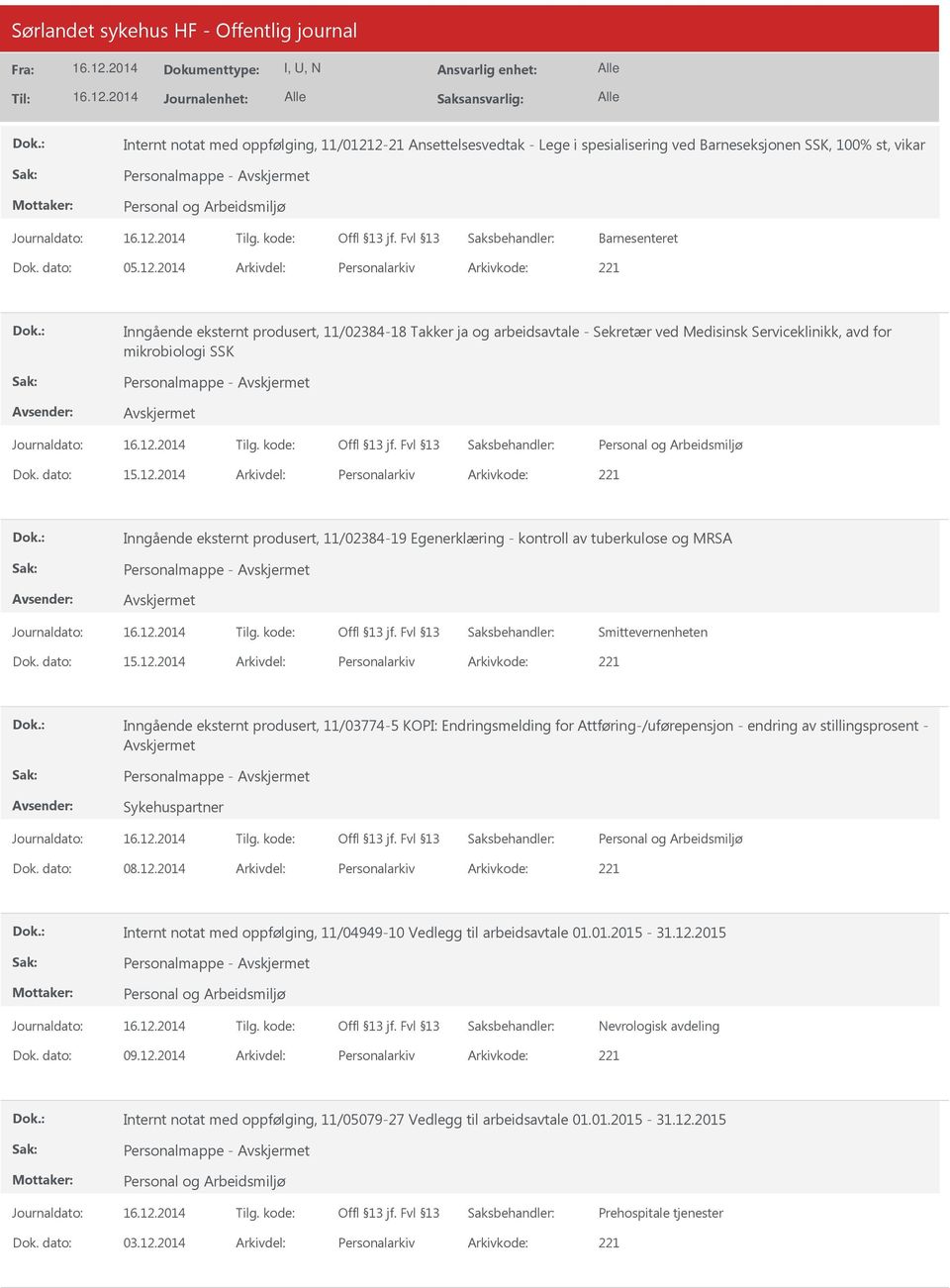 2014 Personalarkiv 221 Inngående eksternt produsert, 11/02384-18 Takker ja og arbeidsavtale - Sekretær ved Medisinsk Serviceklinikk, avd for mikrobiologi SSK Personalmappe - 15.12.