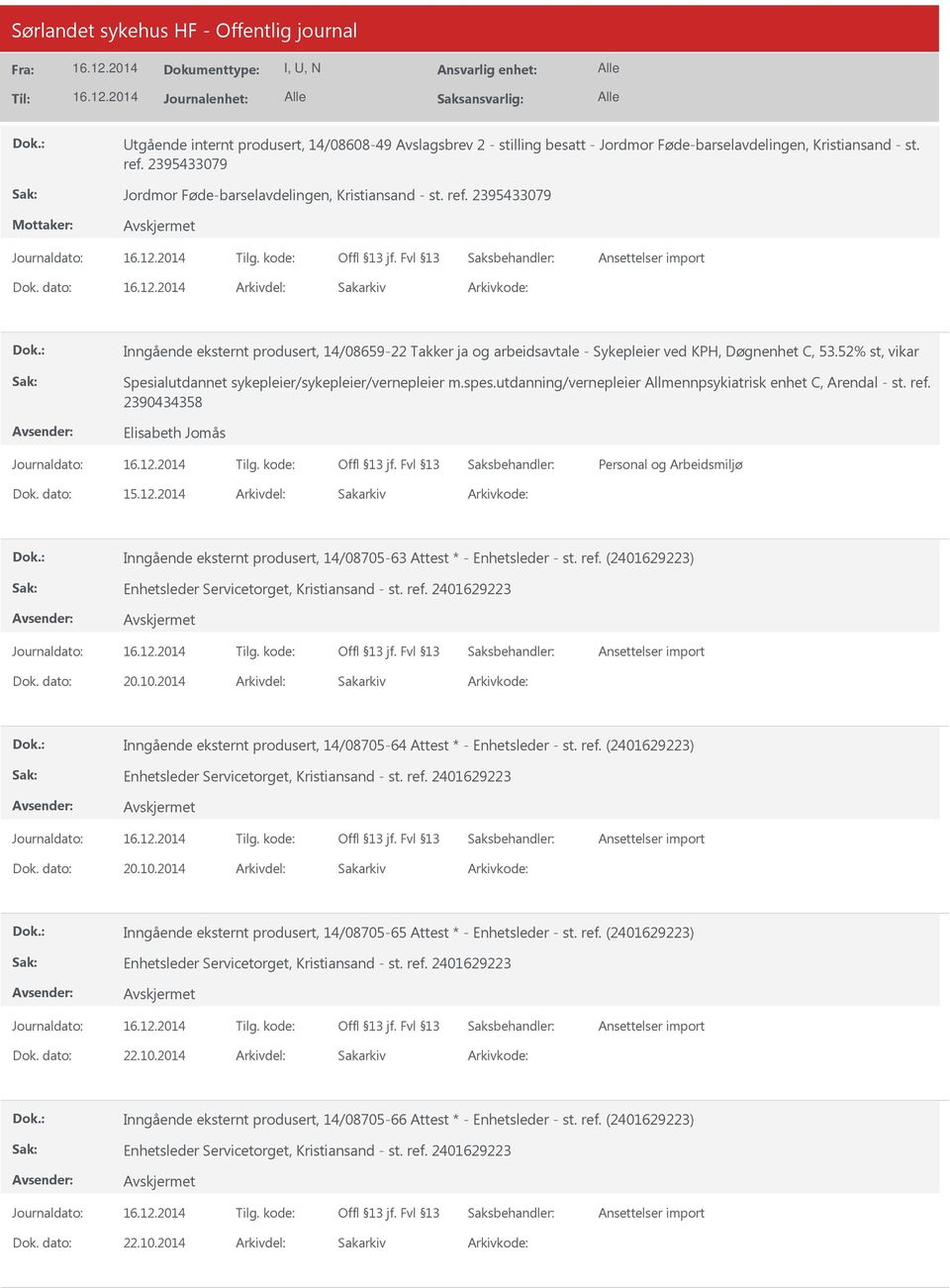 52% st, vikar Spesialutdannet sykepleier/sykepleier/vernepleier m.spes.utdanning/vernepleier Allmennpsykiatrisk enhet C, Arendal - st. ref. 2390434358 Elisabeth Jomås 15.12.