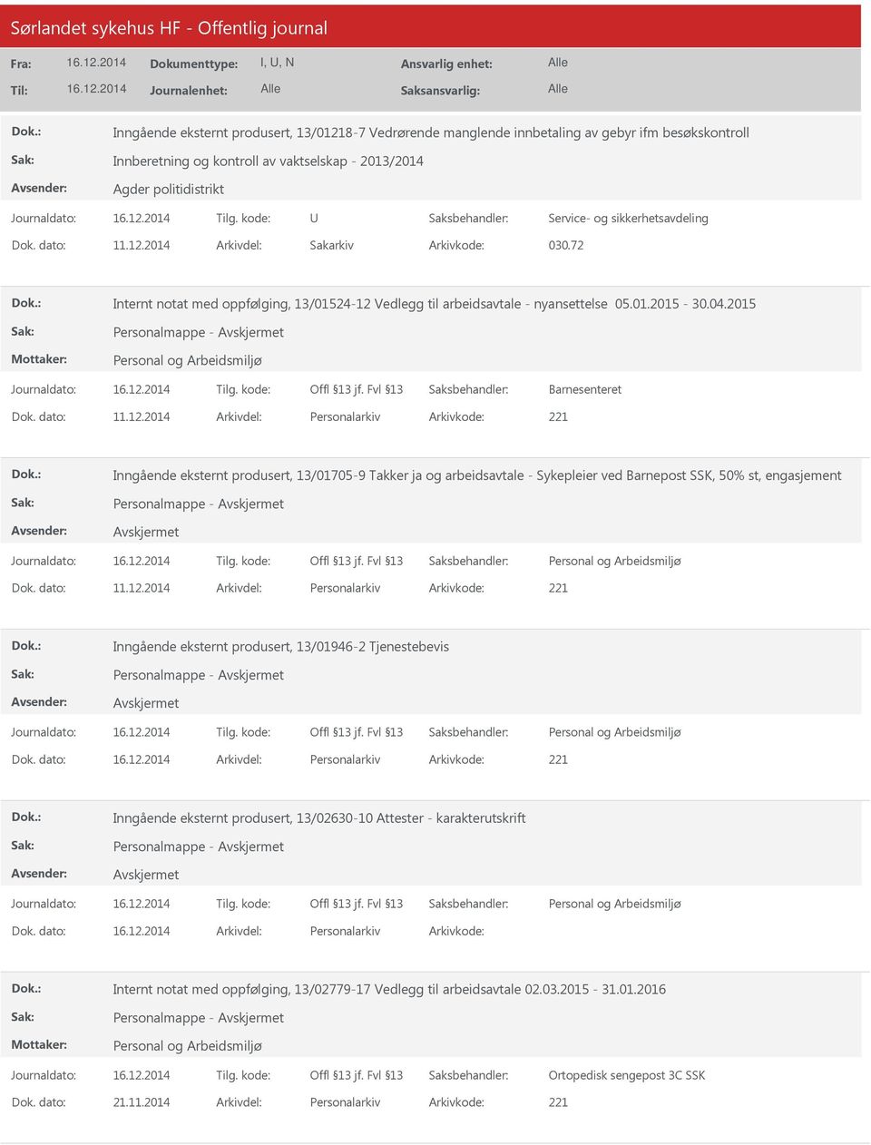 12.2014 Personalarkiv 221 Inngående eksternt produsert, 13/01946-2 Tjenestebevis Personalmappe - Personalarkiv 221 Inngående eksternt produsert, 13/02630-10 Attester - karakterutskrift Personalmappe