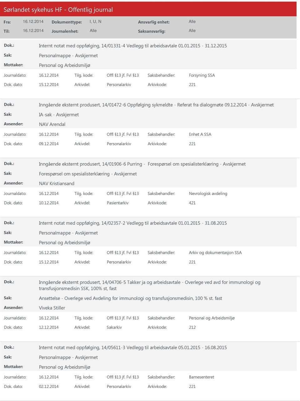 12.2014 Pasientarkiv 421 Internt notat med oppfølging, 14/02357-2 Vedlegg til arbeidsavtale 01.01.2015-31.08.2015 Personalmappe - Arkiv og dokumentasjon SSA 15.12.2014 Personalarkiv 221 Inngående