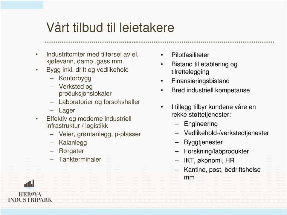 logistikk Veier, grøntanlegg, p-plasser Kaianlegg Rørgater Tankterminaler Pilotfasiliteter Bistand til etablering og tilrettelegging Finansieringsbistand