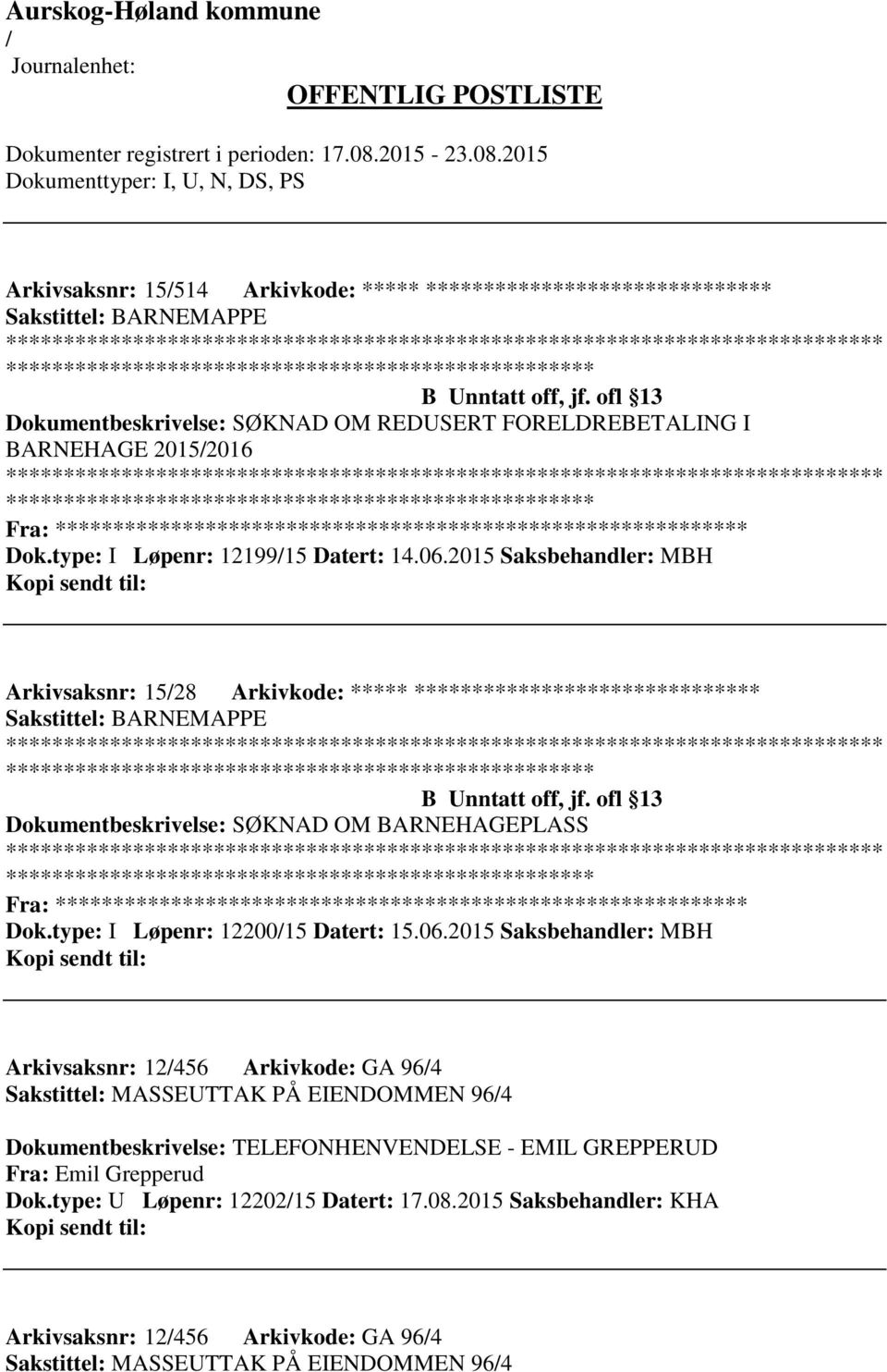 2015 Saksbehandler: MBH Arkivsaksnr: 1528 Arkivkode: ***** ****************************** ************************* B Unntatt off, jf.