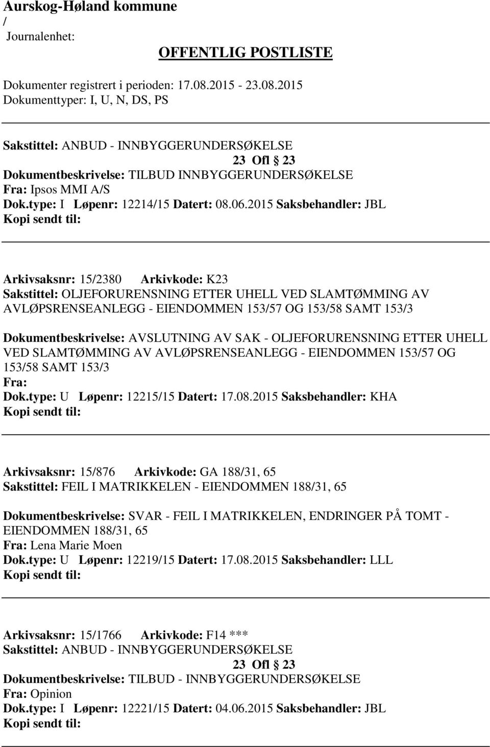 AVSLUTNING AV SAK - OLJEFORURENSNING ETTER UHELL VED SLAMTØMMING AV AVLØPSRENSEANLEGG - EIENDOMMEN 15357 OG 15358 SAMT 1533 Fra: Dok.type: U Løpenr: 1221515 Datert: 17.08.