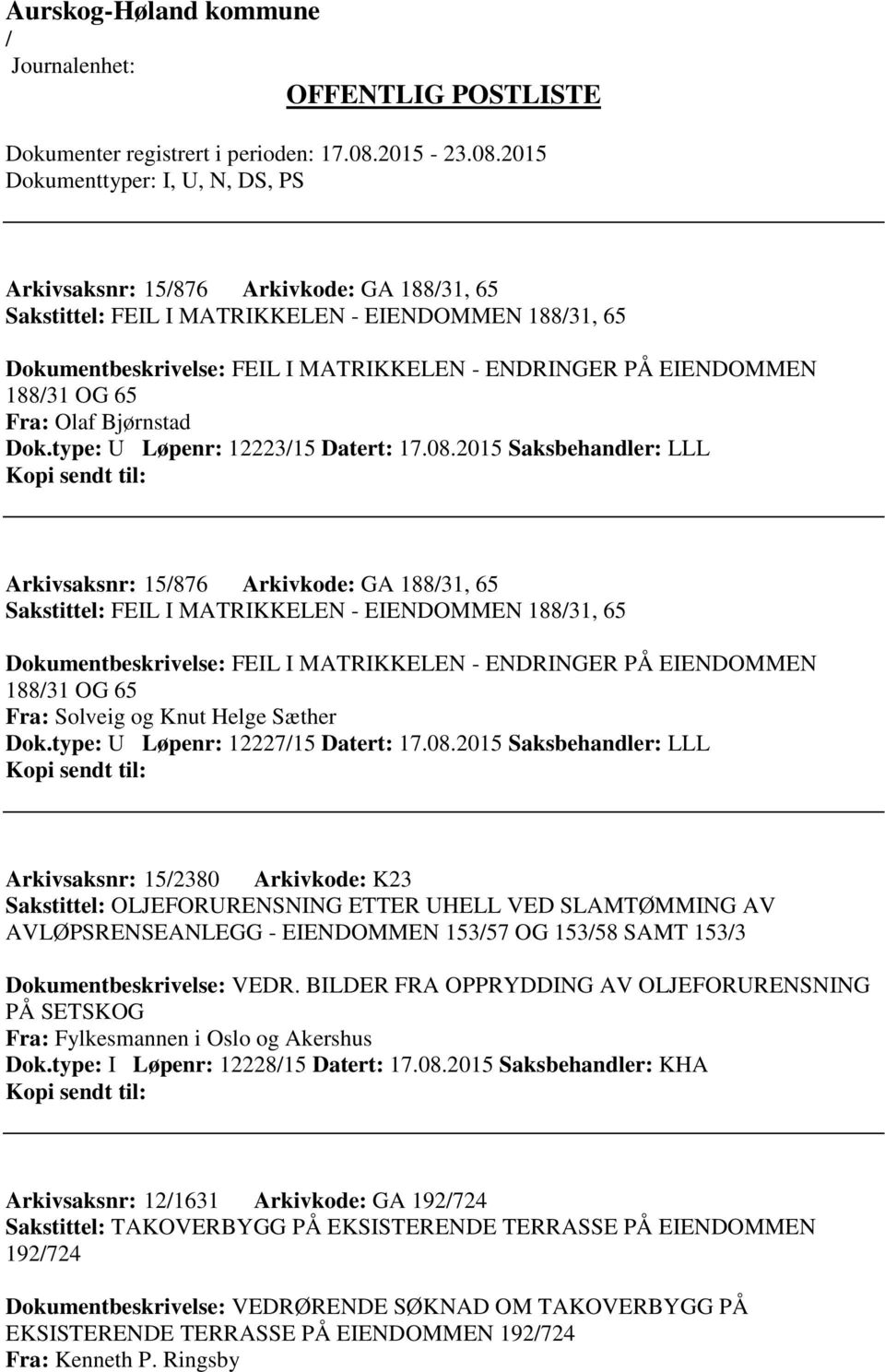 2015 Saksbehandler: LLL Arkivsaksnr: 15876 Arkivkode: GA 18831, 65 Sakstittel: FEIL I MATRIKKELEN - EIENDOMMEN 18831, 65 Dokumentbeskrivelse: FEIL I MATRIKKELEN - ENDRINGER PÅ EIENDOMMEN 18831 OG 65