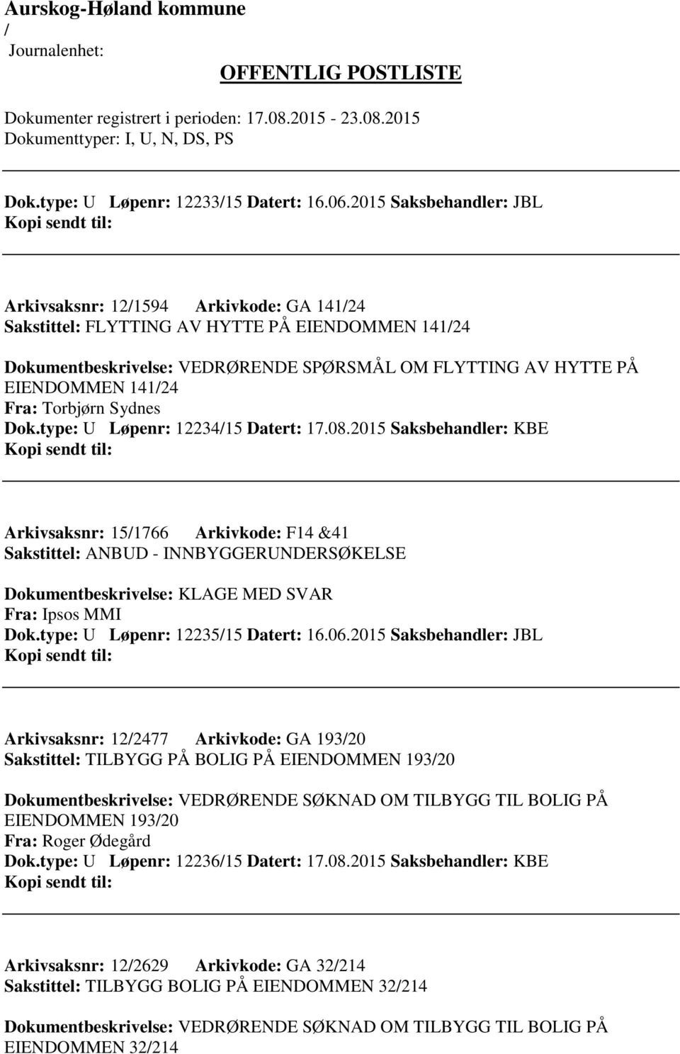 Fra: Torbjørn Sydnes Dok.type: U Løpenr: 1223415 Datert: 17.08.