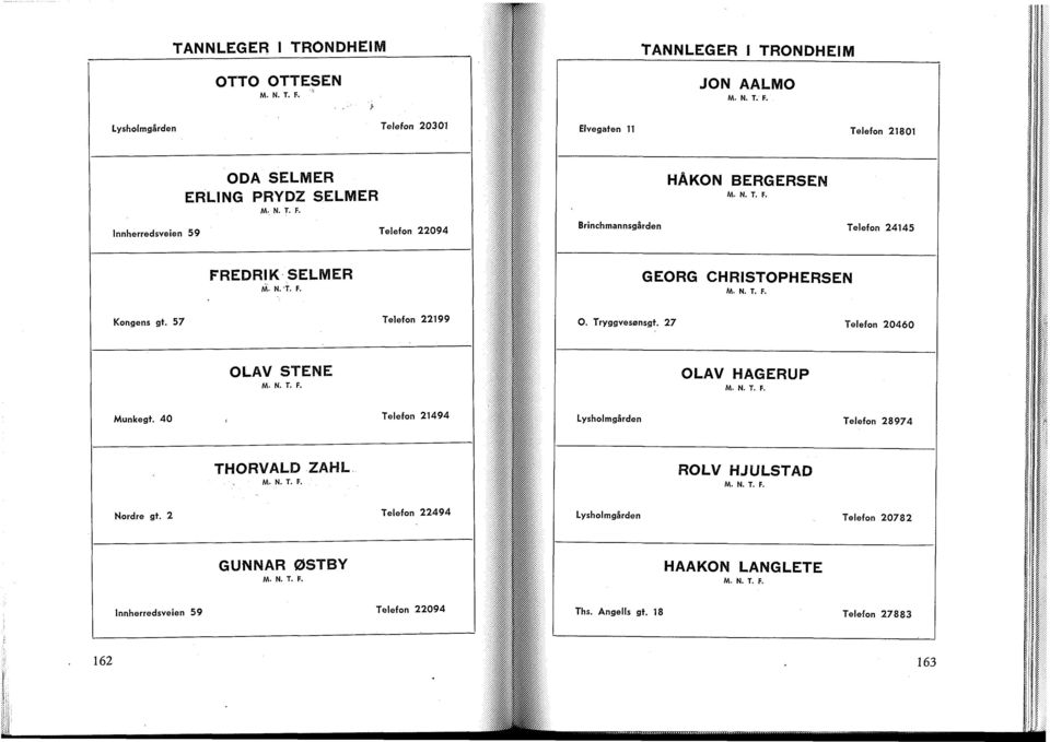 Tryggvesønsgt. 27 Telefon 20460 OLAV STENE M. N. T. F. OLAV HAGERUP M. N. T. F. Munkegt. 40 Telefon 21494 Telefon 28974 THORVALD ZAHL M. N. T. F. ROLV HJULSTAD M. N. T. F. Nordre gt.