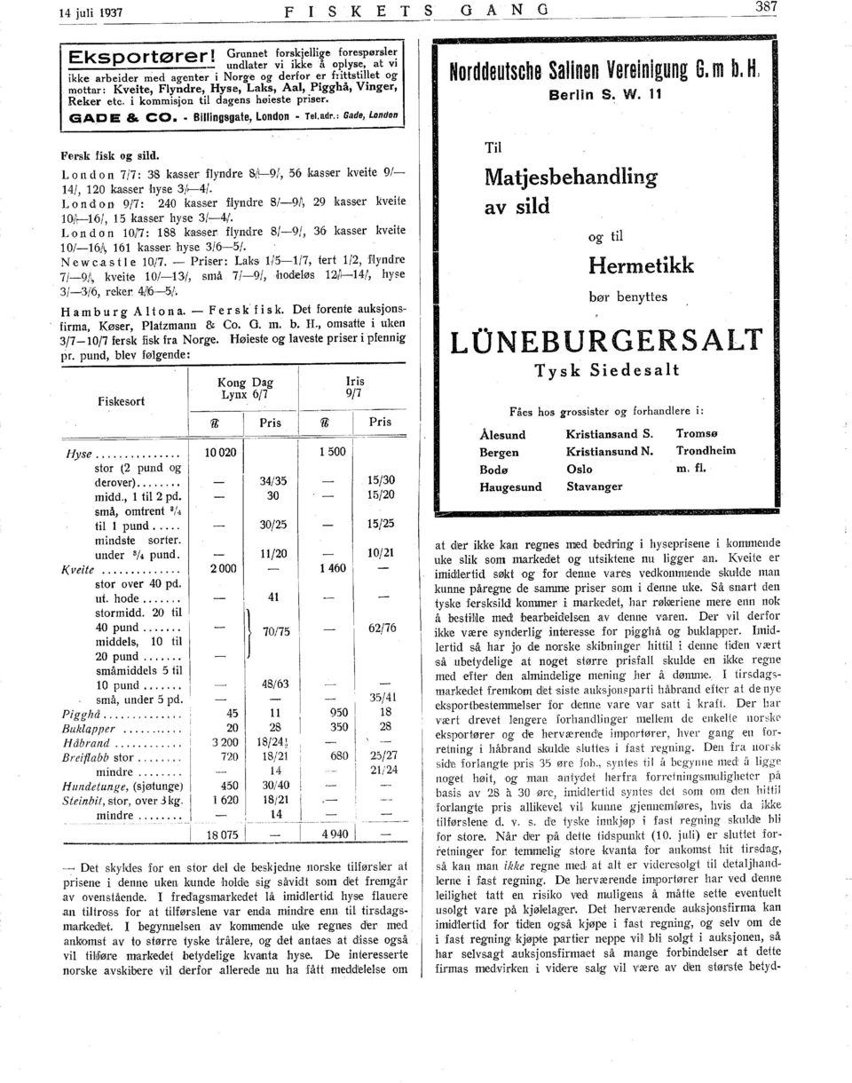 i kommisjon til dagens høieste priser. GAO E & CO. Billingsgate, London Tel.adr.: Gade, London Fersl\: fisk og sild. L ond o n 7/7: 38 kalsser flyndre SJ9, 56 kasser kveite 9/ 4/, 20 krusser hys.