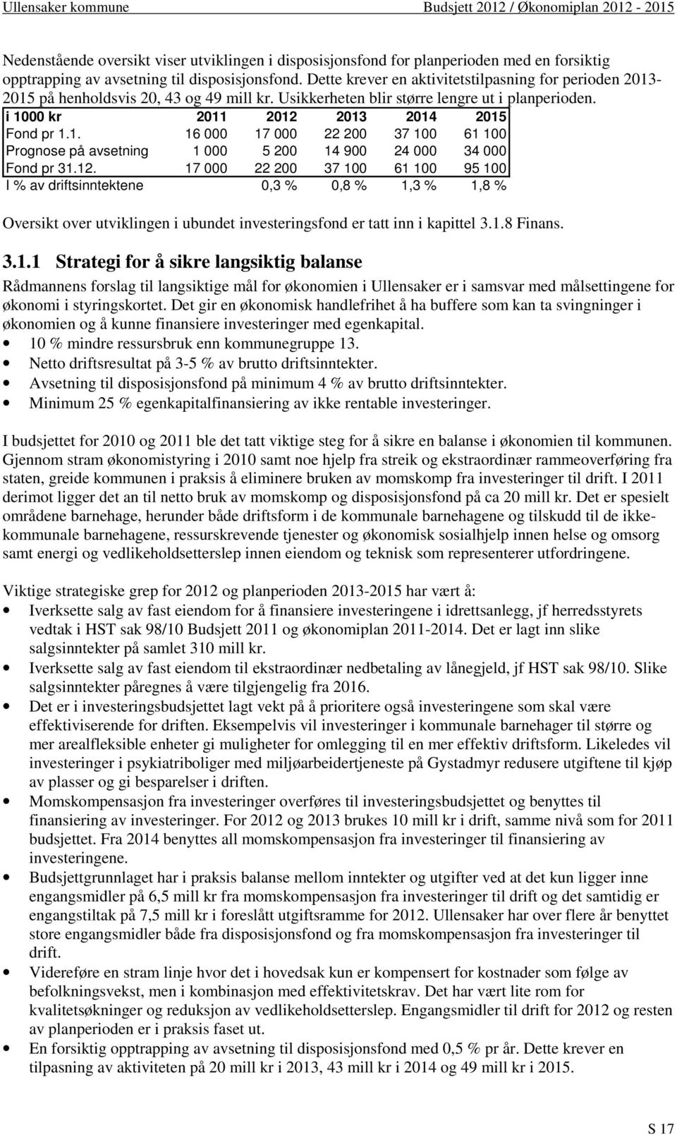 12. 17 000 22 200 37 100 61 100 95 100 I % av driftsinntektene 0,3 % 0,8 % 1,3 % 1,8 % Oversikt over utviklingen i ubundet investeringsfond er tatt inn i kapittel 3.1.8 Finans. 3.1.1 Strategi for å sikre langsiktig balanse Rådmannens forslag til langsiktige mål for økonomien i Ullensaker er i samsvar med målsettingene for økonomi i styringskortet.