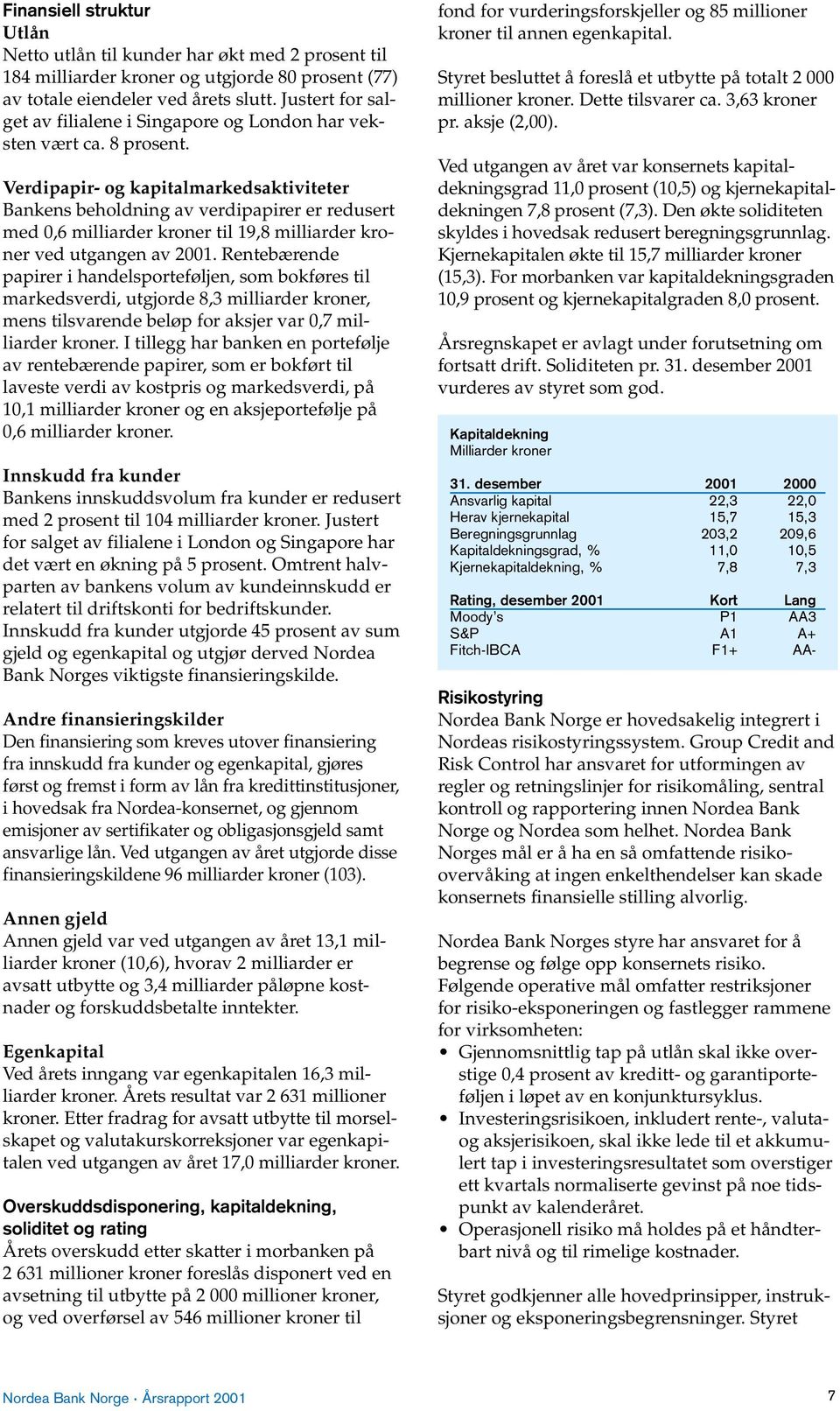 Verdipapir- og kapitalmarkedsaktiviteter Bankens beholdning av verdipapirer er redusert med 0,6 milliarder kroner til 19,8 milliarder kroner ved utgangen av 2001.