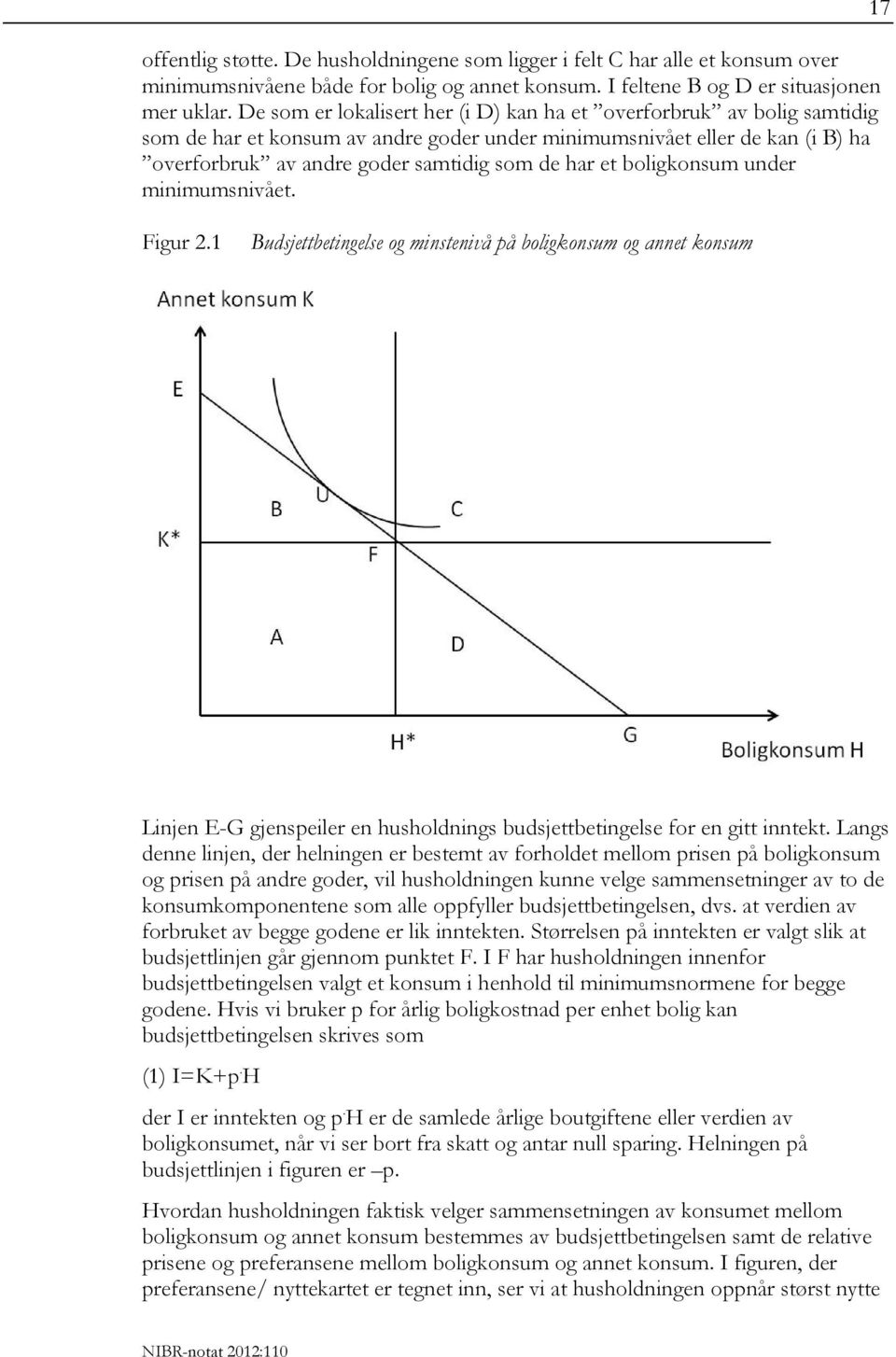 boligkonsum under minimumsnivået. 17 Figur 2.1 Budsjettbetingelse og minstenivå på boligkonsum og annet konsum Linjen E-G gjenspeiler en husholdnings budsjettbetingelse for en gitt inntekt.