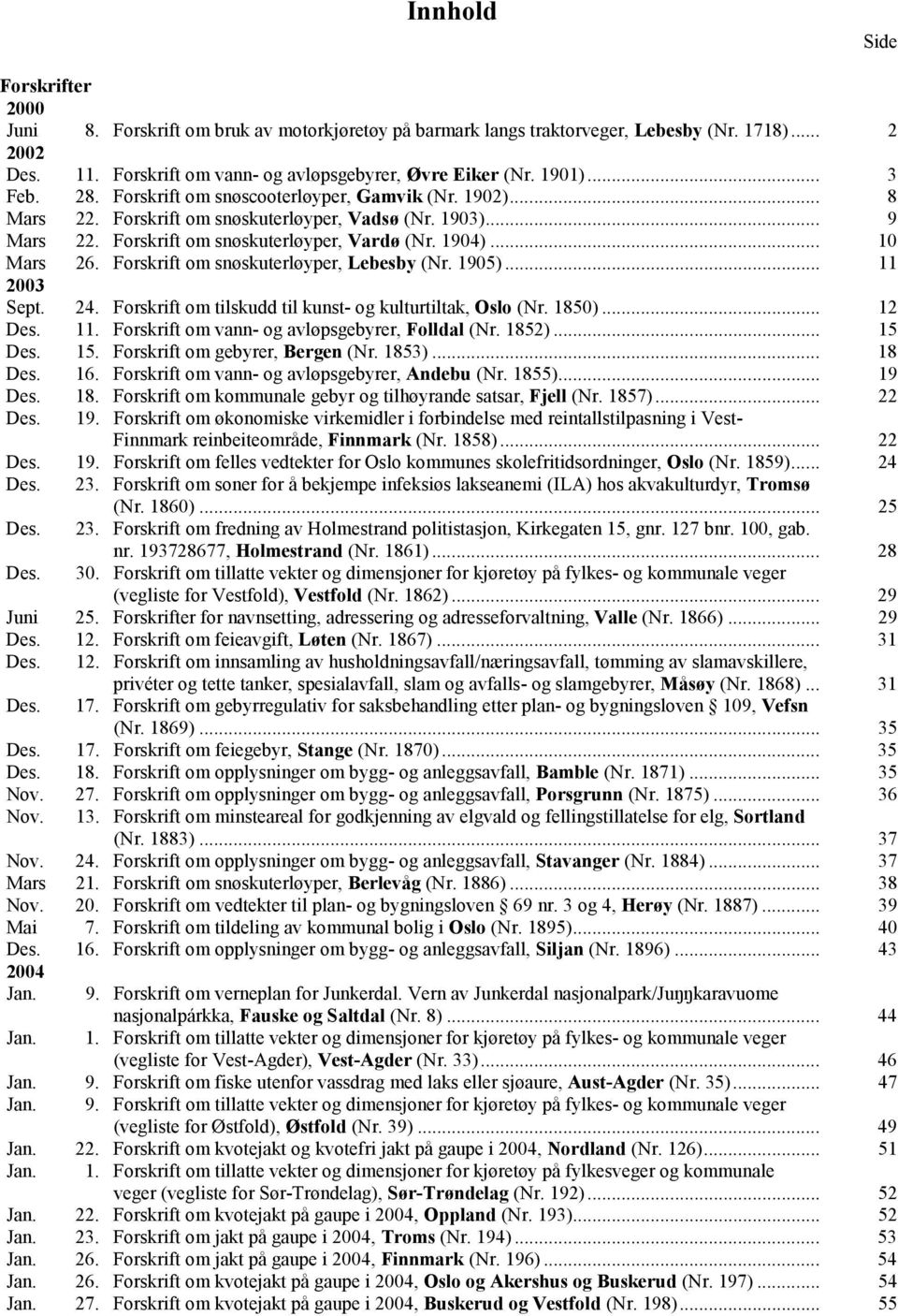 .. 10 Mars 26. Forskrift om snøskuterløyper, Lebesby (Nr. 1905)... 11 2003 Sept. 24. Forskrift om tilskudd til kunst- og kulturtiltak, Oslo (Nr. 1850)... 12 Des. 11. Forskrift om vann- og avløpsgebyrer, Folldal (Nr.