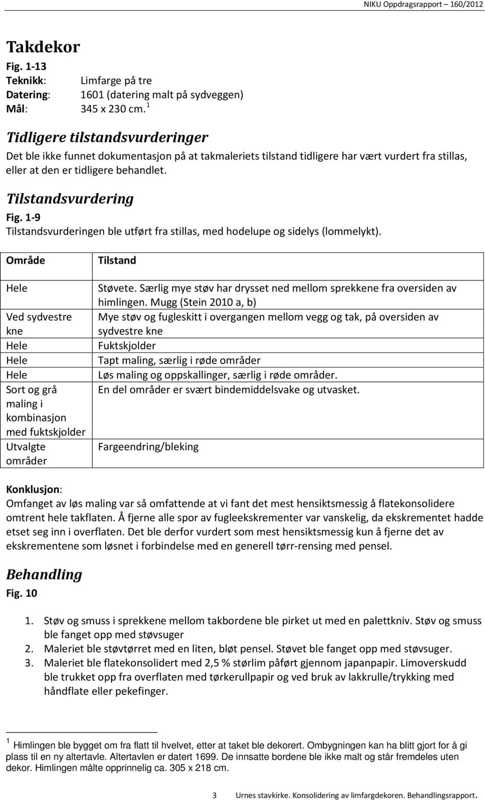 1-9 Tilstandsvurderingen ble utført fra stillas, med hodelupe og sidelys (lommelykt).