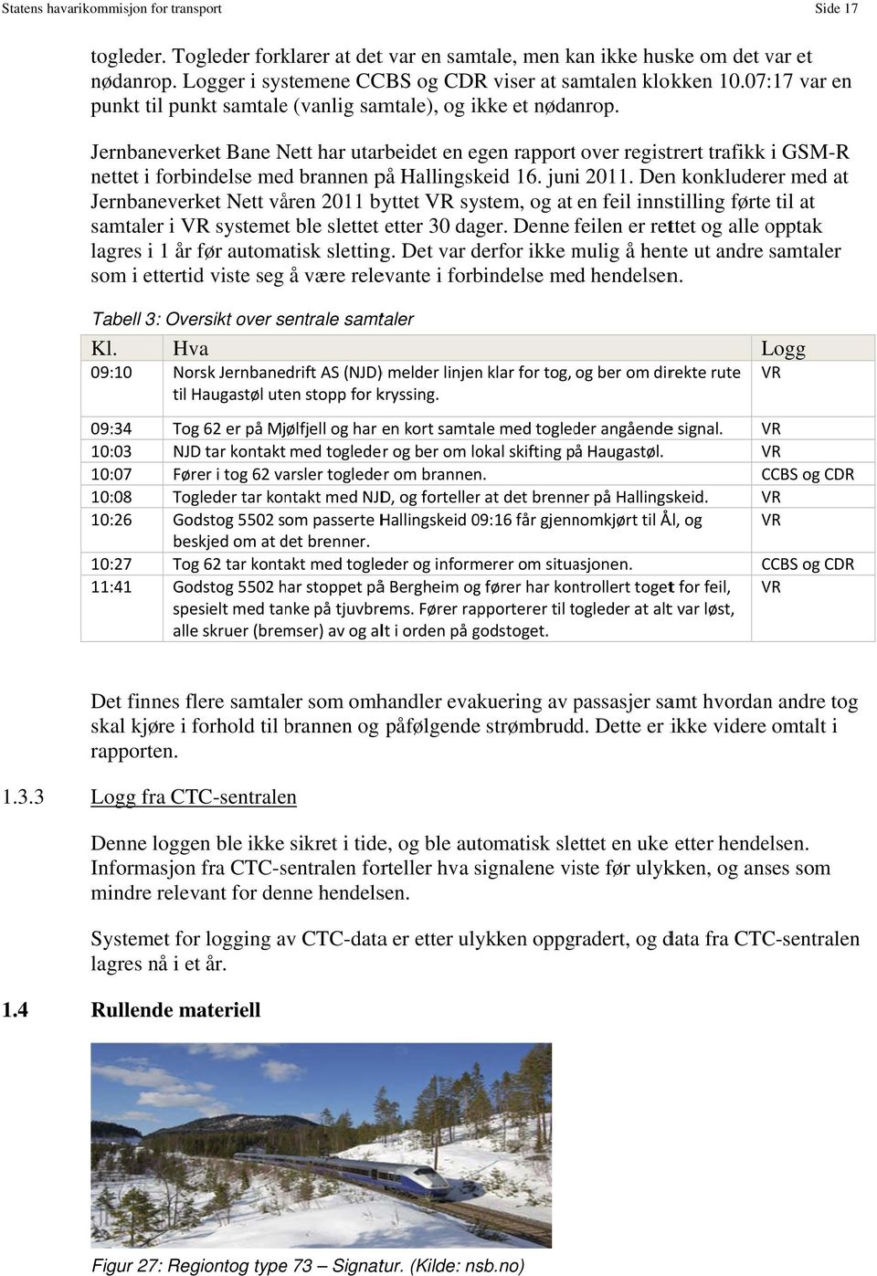 Jernbaneverket Bane Nett har utarbeidet en egen rapportt over registrert trafikk i GSM-R nettet i forbindelse med brannen på Hallingskeid 16. juni 2011.