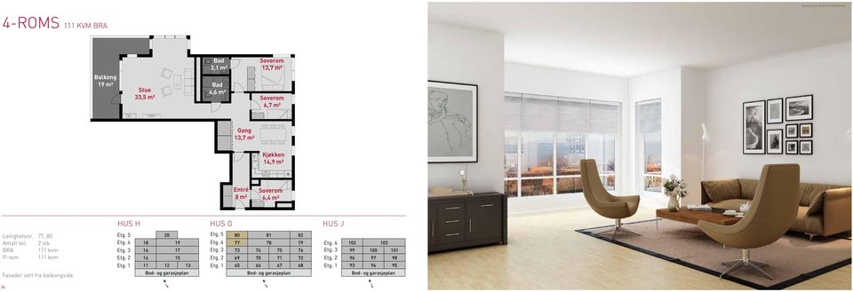 Balkong 19 m² Stue 33,5 m² 6,7 m² 13,7 m² Kjøkken 14,9 m²