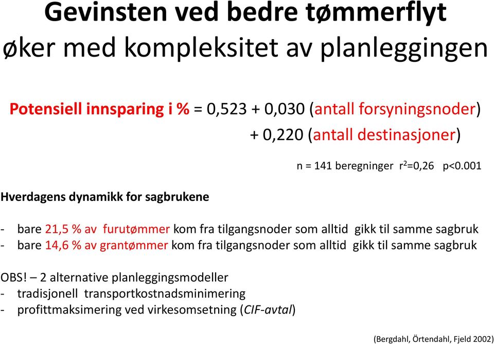 001 - bare 21,5 % av furutømmer kom fra tilgangsnoder som alltid gikk til samme sagbruk - bare 14,6 % av grantømmer kom fra tilgangsnoder som