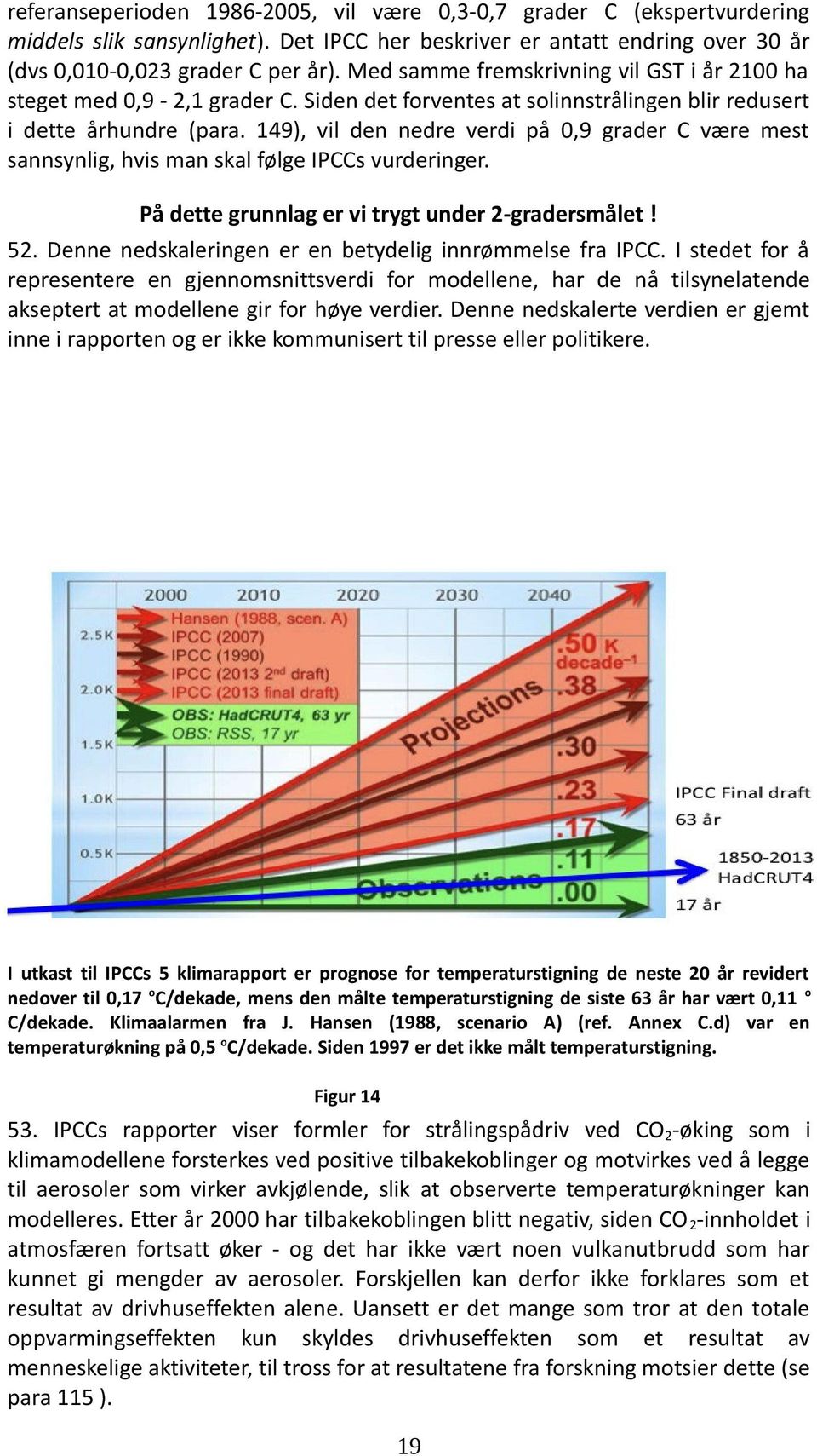 149), vil den nedre verdi på 0,9 grader C være mest sannsynlig, hvis man skal følge IPCCs vurderinger. På dette grunnlag er vi trygt under 2-gradersmålet! 52.