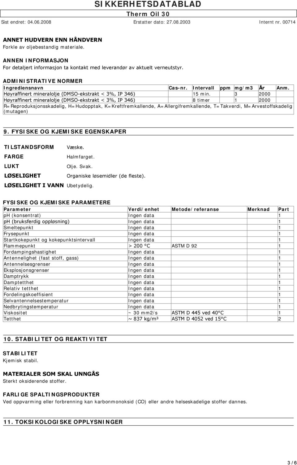 3 2000 Høyraffinert mineralolje (DMSO ekstrakt < 3%, IP 346) 8 timer 1 2000 R=Reproduksjonsskadelig, H=Hudopptak, K=Kreftfremkallende, A=Allergifremkallende, T=Takverdi, M=Arvestoffskadelig (mutagen)