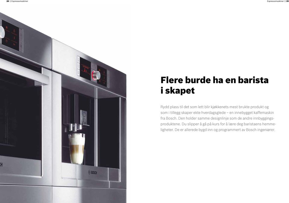 kaffemaskin fra Bosch. Den holder samme designlinje som de andre innbyggingsproduktene.