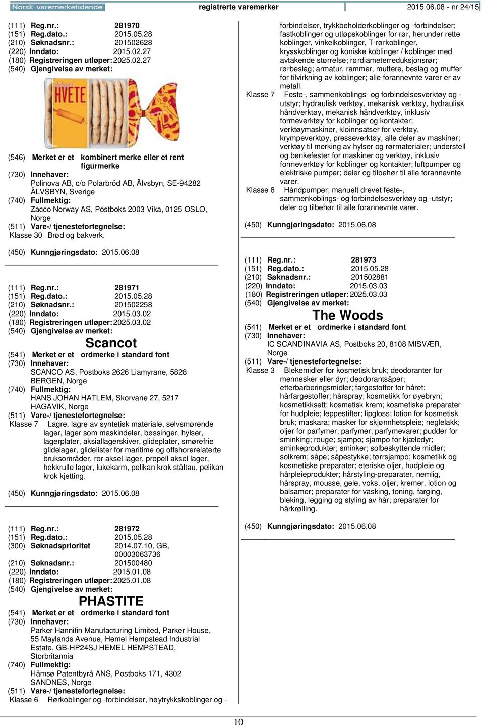 (111) Reg.nr.: 281971 (151) Reg.dato.: 2015.05.28 (210) Søknadsnr.: 201502258 (220) Inndato: 2015.03.