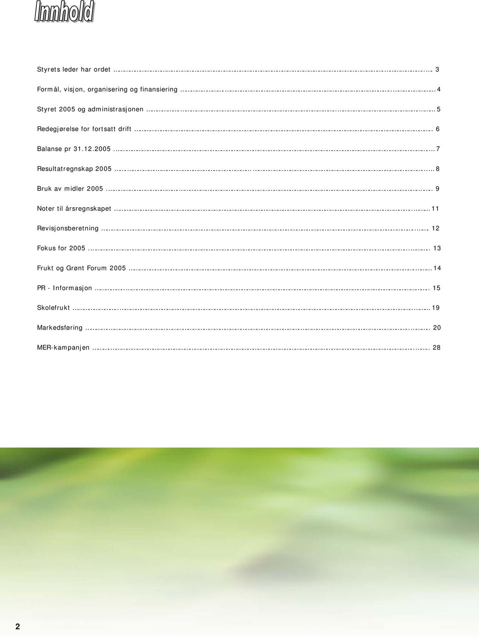 .... 8 Bruk av midler 2005..... 9 Noter til årsregnskapet.. 11 Revisjonsberetning... 12 Fokus for 2005.