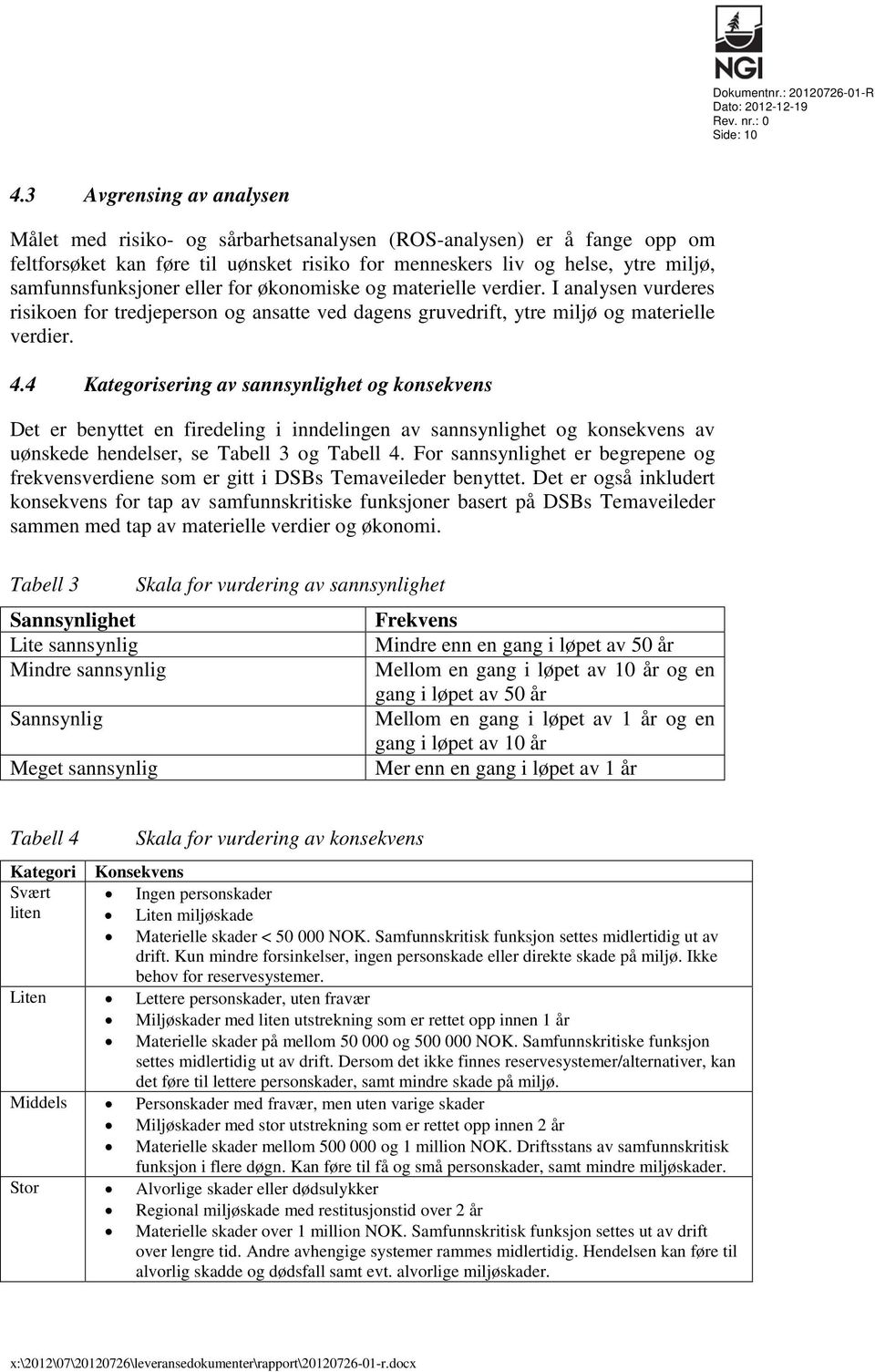 eller for økonomiske og materielle verdier. I analysen vurderes risikoen for tredjeperson og ansatte ved dagens gruvedrift, ytre miljø og materielle verdier. 4.