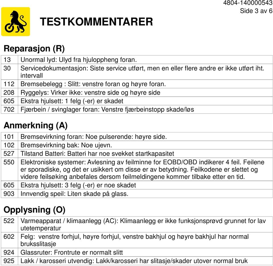 Ryggelys: Virker ikke: venstre side og høyre side Ekstra hjulsett: 1 felg (-er) er skadet Fjærbein / svinglager foran: Venstre fjærbeinstopp skade/løs Anmerkning (A) 101 102 527 550 605 903