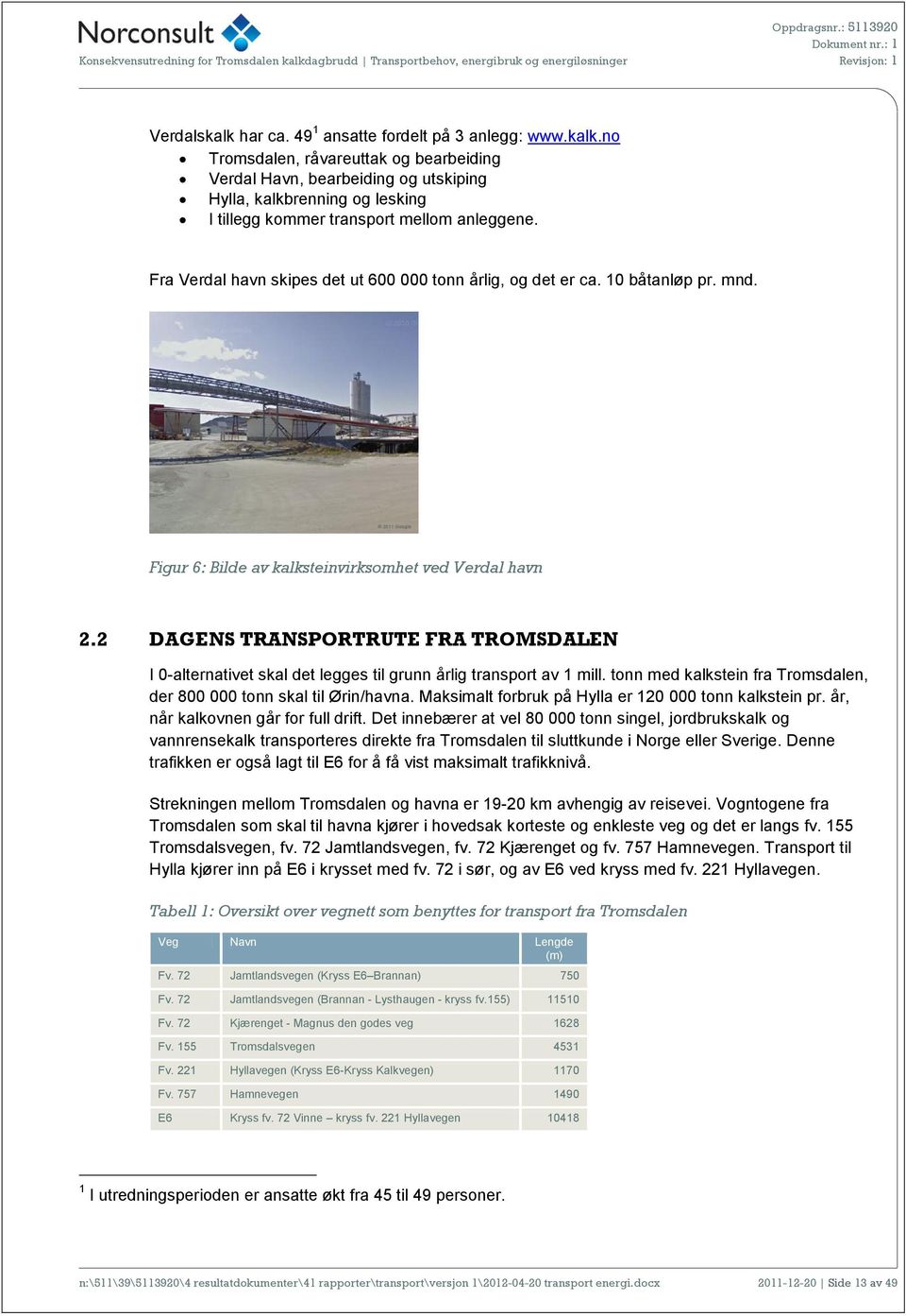 2 DAGENS TRANSPORTRUTE FRA TROMSDALEN I 0-alternativet skal det legges til grunn årlig transport av 1 mill. tonn med kalkstein fra Tromsdalen, der 800 000 tonn skal til Ørin/havna.