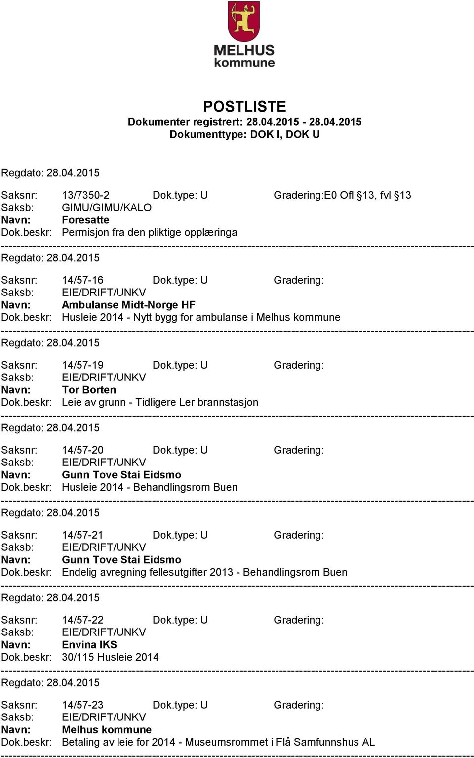 beskr: Leie av grunn - Tidligere Ler brannstasjon Saksnr: 14/57-20 Dok.type: U Gradering: Gunn Tove Stai Eidsmo Dok.beskr: Husleie 2014 - Behandlingsrom Buen Saksnr: 14/57-21 Dok.