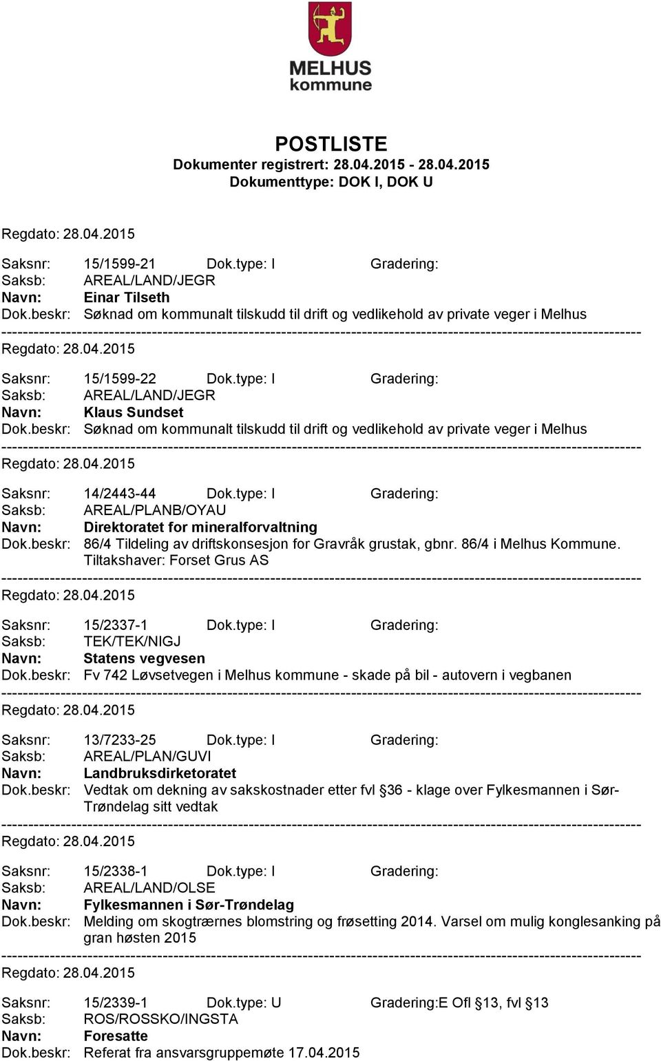 type: I Gradering: Saksb: AREAL/PLANB/OYAU Direktoratet for mineralforvaltning Dok.beskr: 86/4 Tildeling av driftskonsesjon for Gravråk grustak, gbnr. 86/4 i Melhus Kommune.