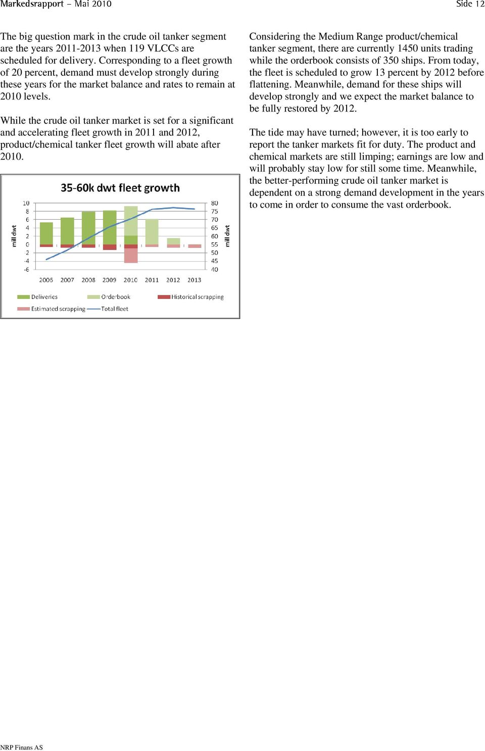 While the crude oil tanker market is set for a significant and accelerating fleet growth in 2011 and 2012, product/chemical tanker fleet growth will abate after 2010.