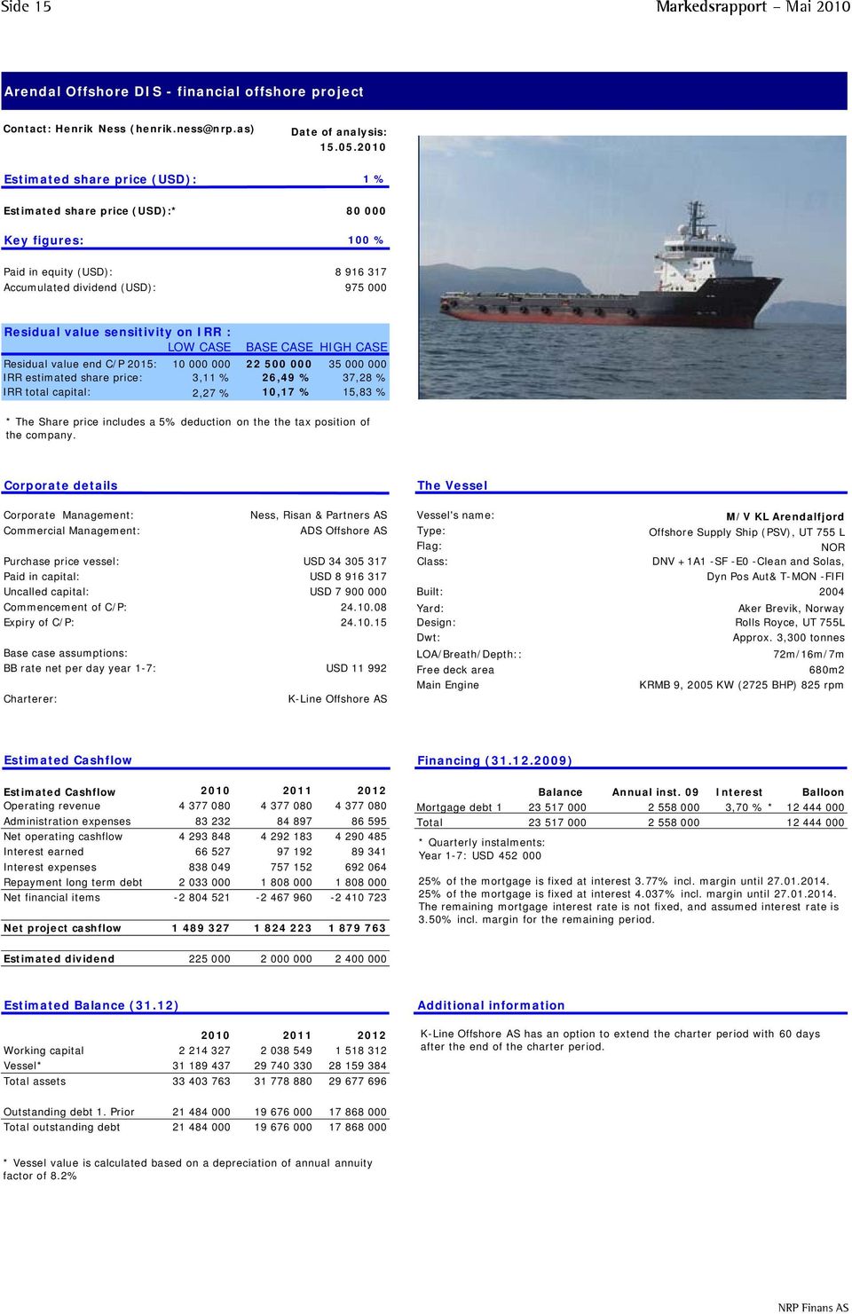 sensitivity on IRR : LOW CASE BASE CASE HIGH CASE Residual value end C/P 2015: 10 000 000 22 500 000 35 000 000 IRR estimated share price: 3,11 % 26,49 % 37,28 % IRR total capital: 2,27 % 10,17 %