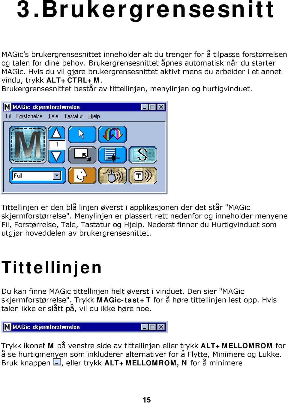 Tittellinjen er den blå linjen øverst i applikasjonen der det står "MAGic skjermforstørrelse". Menylinjen er plassert rett nedenfor og inneholder menyene Fil, Forstørrelse, Tale, Tastatur og Hjelp.