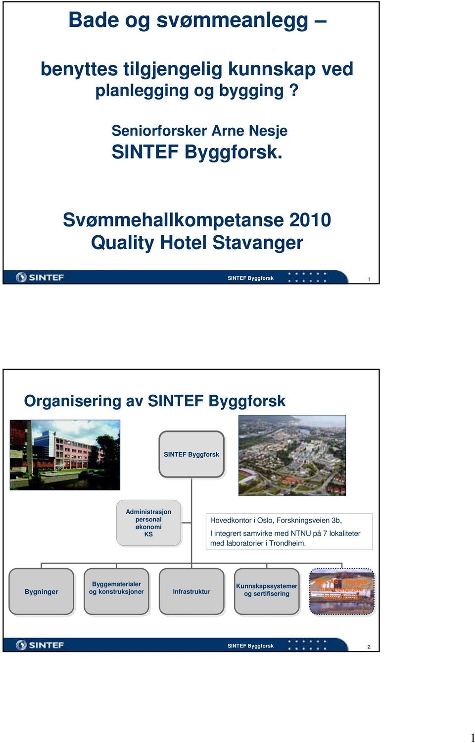 Oslo, Forskningsveien 3b, I integrert samvirke med NTNU på 7 lokaliteter med laboratorier i Trondheim.