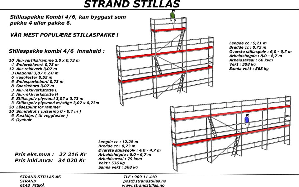 Sparkebord 3,07 m 3 Alu-rekkverkstøtte L 5 Stillasgolv plywood 3,07 x 0,73 m 3 Stillasgolv plywood m/stige 3,07 x 0,73m 20 Låsesplint for rammer 10 Spindelfot ( justering 0-0,7 m ) 6 Fastklips ( til