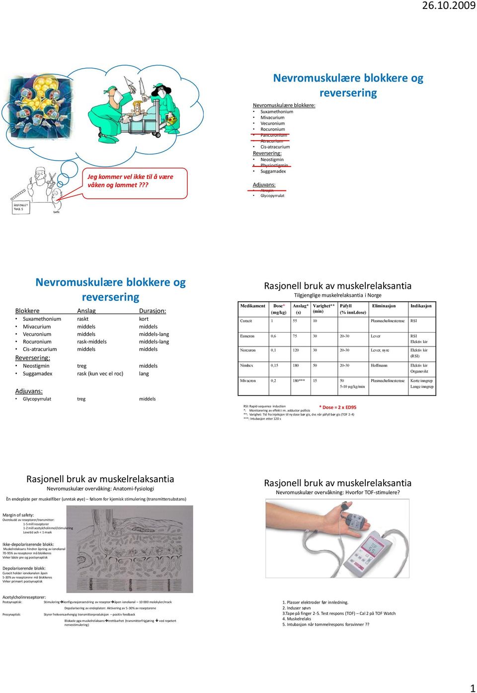 Suggamadex Adjuvans: Atropin Glycopyrrulat Nevromuskulære blokkere og reversering Blokkere Anslag Durasjon: Suxamethonium raskt kort Mivacurium middels middels Vecuronium middels middels-lang